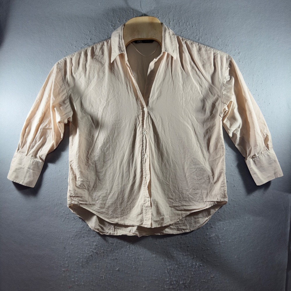3057 | Zara Oversized Cotton Poplin Button Down Shirt Beige Women Size M